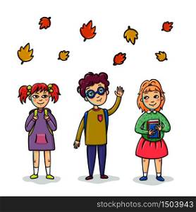 Group of pupils standing together with books and backpacks. Set of pupils. Back to school concept. Cartoon Vector illustration.. Group of pupils standing together with books and backpacks. Set of pupils. Back to school concept. Cartoon Vector illustration