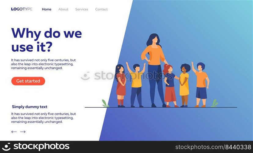 Group of pupils with female school teacher. Diverse children standing by young woman. Vector illustration for pedagogy, kindergarten, education concept