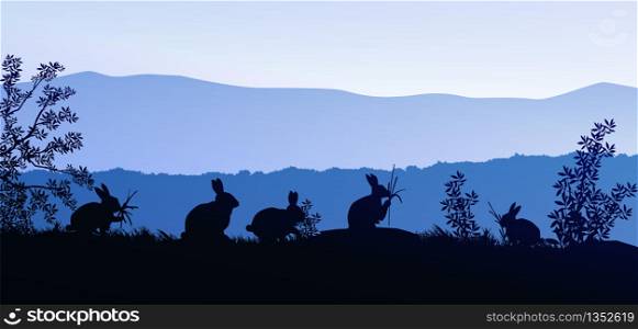 Group of rabbits in the meadow. Natural forest. Wild animals. Mountains horizon hills silhouettes. Sunrise and sunset. Landscape wallpaper. Illustration vector style. Colorful view background.