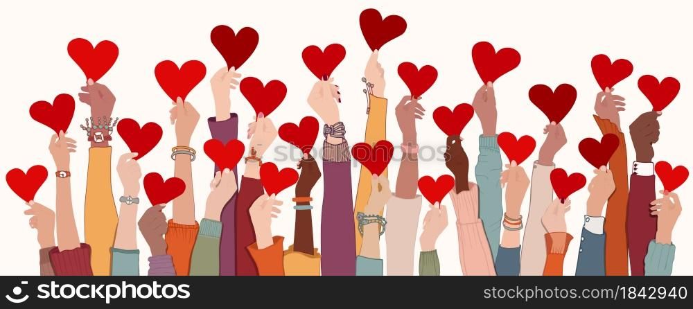 Group of raised arms and hands. Diverse people holding a heart. Charitable donation and volunteer work. Support and assistance. Multicultural and multiethnic community.Diversity of people