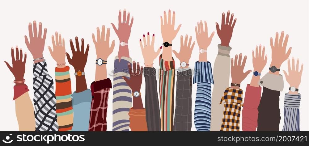 Group of raised arms and hands of multicultural colleagues or friends.Collaboration between teamwork or community of multi-ethnic people.Investment or startup -financing- support concept