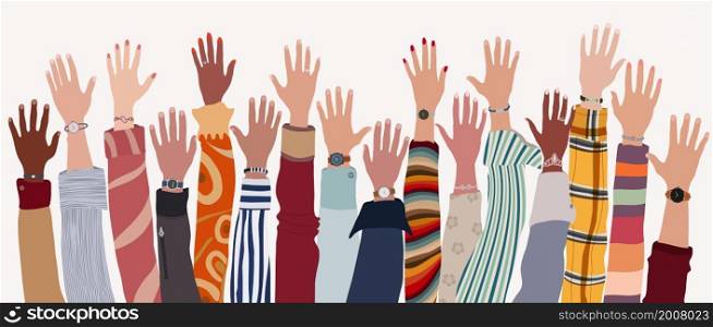 Group of raised arms and hands of multicultural people. Community or society of men and women of diverse cultures and races.Collaboration teamwork agreement between colleagues or friends