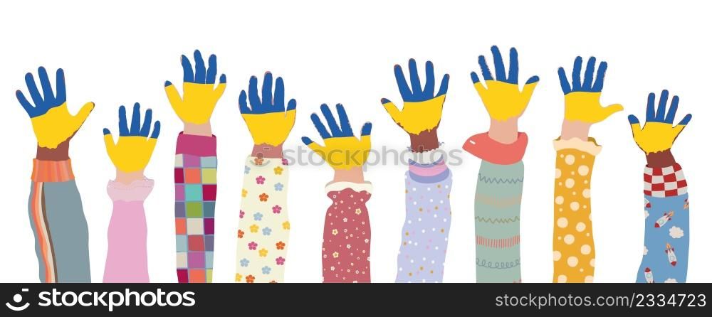 Group of raised arms of children who have their palms painted in the colors of the Ukrainian flag. Support for Ukraine. Peace concept. Stop the war. Isolated