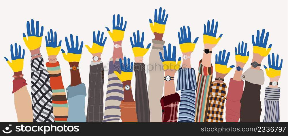 Group of raised arms of multicultural men and women who have their hands painted in the colors of the Ukrainian flag. Support for Ukraine. Peace concept. Stop the war. Isolated