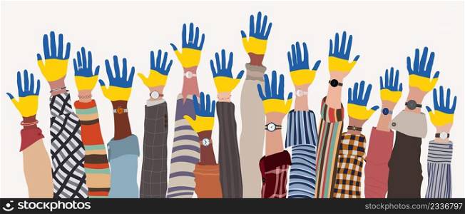 Group of raised arms of multicultural men and women who have their hands painted in the colors of the Ukrainian flag. Support for Ukraine. Peace concept. Stop the war. Isolated