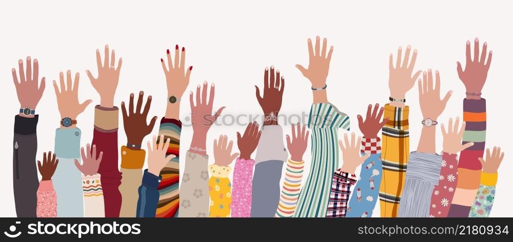 Group of raised hands and arms of multicultural men women and children.Community of people of diverse culture.Diversity people.Concept of multi-ethnic families.Friendship and cooperation
