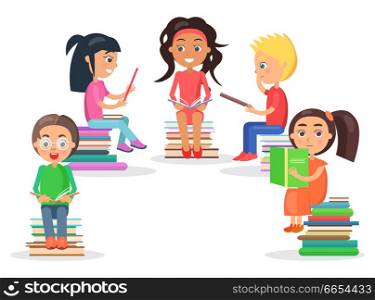 Group of reading kids siting on heap of literature and keeping colored open textbook on white background vector illustration. Reading Kids Sits on Heap of Literature on White
