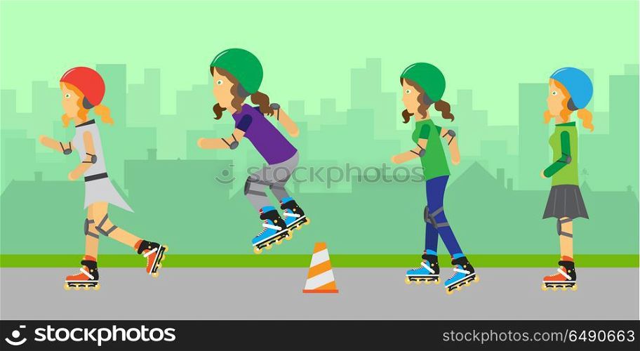 Group of Roller Skating. Roller skating girls in protective equipment and helmets jumping over orange traffic cone. Roller skating wearing protective gear. Summer vacation, healthy lifestyle, leisure activities. Urban background