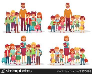 Group of school kids and teacher. Education knowledge, students elementary and preschool kindergarten class. Vector illustration. Group of school kids and teacher isolated