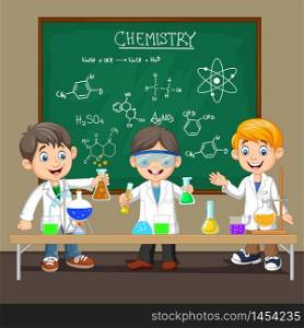 Group of scientist boy doing chemical experiment