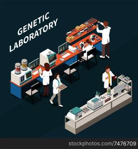 Group of scientists working in genetic laboratory 3d isometric vector illustration
