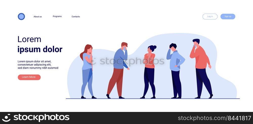 Group of sick people suffering from flu symptoms. Men and women feeling headache, sneezing, applying handkerchief to noses. Vector illustration for healthcare, sickness, infection concept