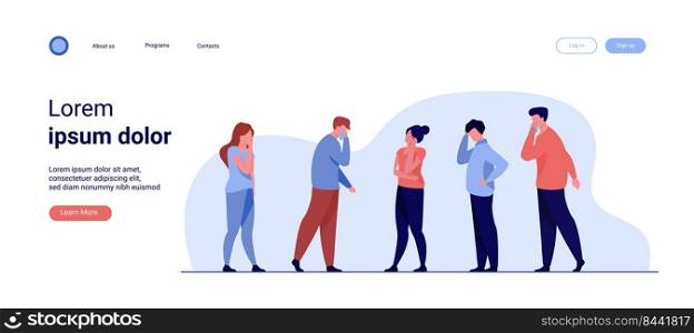 Group of sick people suffering from flu symptoms. Men and women feeling headache, sneezing, applying handkerchief to noses. Vector illustration for healthcare, sickness, infection concept