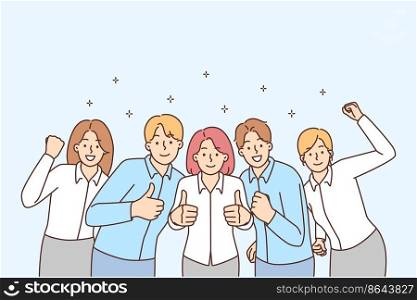 Group of smiling businesspeople showing thumbs up celebrating shared business success. Happy work team cheering enjoy good job results. Vector illustration. Teamwork. . Smiling businesspeople celebrate shared business success 