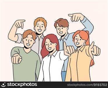 Group of smiling employees point at screen choose work candidate. Team of happy businesspeople choose you for employment or recruitment. Vector illustration. . Group of smiling people point at screen 
