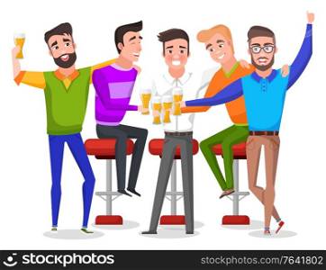 Group of smiling men drinking beer, groom with friends celebrating. Bachelor party indoor, males characters sitting on chairs with malt, holiday vector. Bachelor Party, Men Drinking Beer, Toast Vector
