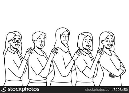 Group of smiling multiracial women stand together showing unity and support. Happy interracial multiethnic females demonstrate togetherness. Vector illustration. . Smiling interracial women stand together 