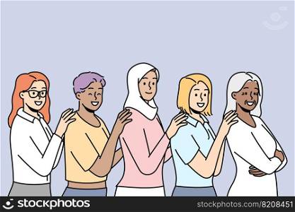 Group of smiling multiracial women stand together showing unity and support. Happy interracial multiethnic females demonstrate togetherness. Vector illustration. . Smiling interracial women stand together 