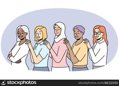 Group of smiling multiracial women stand together showing unity and support. Happy interracial multiethnic females demonstrate togetherness. Vector illustration.. Smiling interracial women stand together