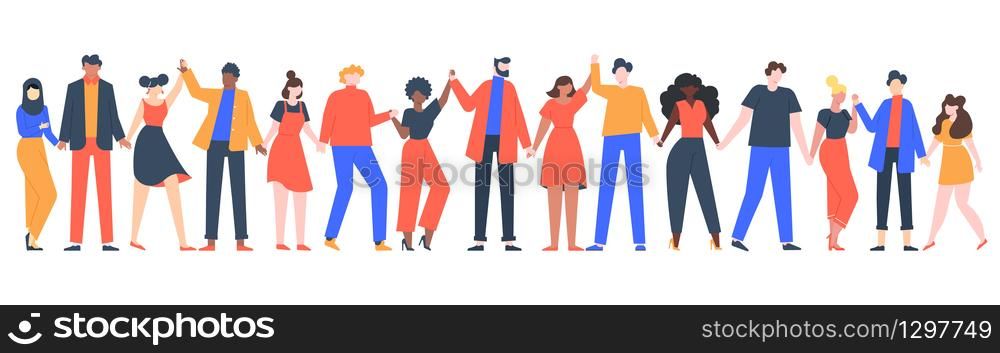 Group of smiling people. Team of young men and women holding hands, characters standing together, friendship, unity concept vector illustration. Group people woman and man standing. Group of smiling people. Team of young men and women holding hands, characters standing together, friendship, unity concept vector illustration