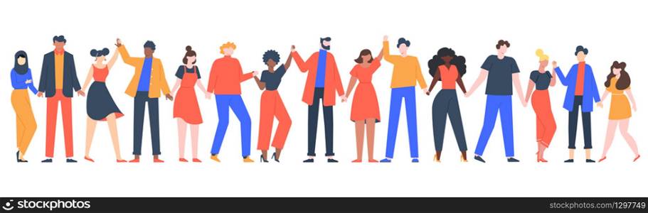 Group of smiling people. Team of young men and women holding hands, characters standing together, friendship, unity concept vector illustration. Group people woman and man standing. Group of smiling people. Team of young men and women holding hands, characters standing together, friendship, unity concept vector illustration