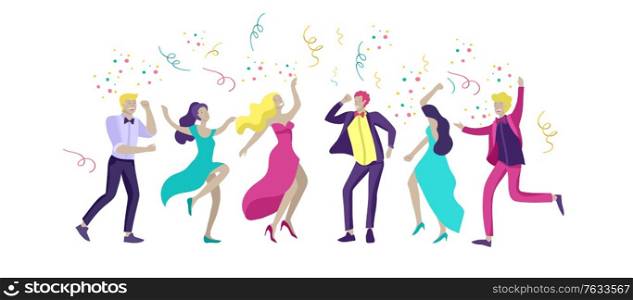 Group of smiling young people or students in evening dresses and tuxedos, happy Jumping and dansing. Prom party, prom night invitation, promenade school dance concept. Vector illustration concept. Group of smiling young people or students in evening dresses and tuxedos, happy Jumping and dansing. Prom party, prom night invitation, promenade school dance concept. Vector