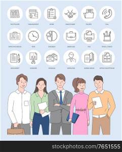 Group of standing business company colleagues vector, people in formal clothing, web design isolated objects, office and marketing line art icons. Business Colleagues and Web Design Icons