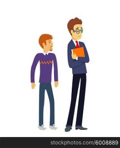 Group of students. College students, group of students, school, education, graduation, teacher, study. Two male teenage student thinking. University students isolated. Cute and simple flat cartoon
