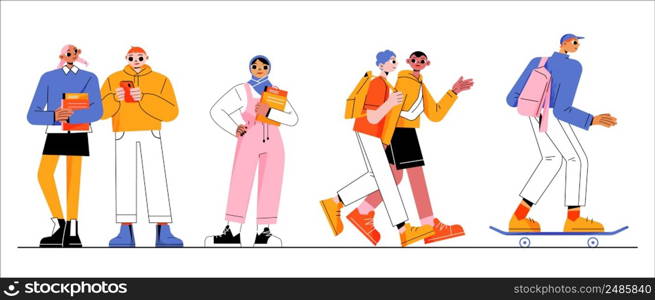 Group of students, multicultural young girls and boys with backpacks holding books and smartphones, riding skateboard. Happy teenagers characters in casual clothes. Linear flat vector illustration. Group of students, multicultural girls and boys