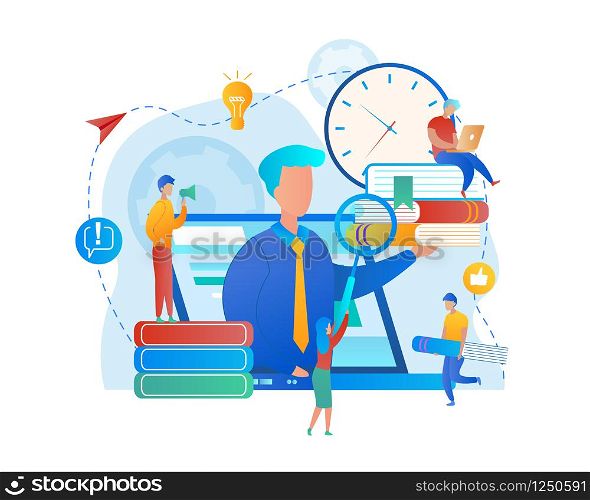 Group of Students Sitting Round of Immense Laptop Screen and Observe Webinar. Online Teaching, Instructor Verbalising at Pc Screen Online. Seminar Representing Teacher. Flat Vector Illustration. Seminar Representing Teacher at Immense Laptop