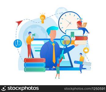 Group of Students Sitting Round of Immense Laptop Screen and Observe Webinar. Online Teaching, Instructor Verbalising at Pc Screen Online. Seminar Representing Teacher. Flat Vector Illustration. Seminar Representing Teacher at Immense Laptop