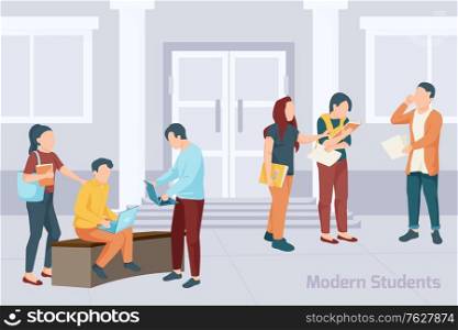 Group of students with books and electronics devices standing in front of university building flat vector illustration