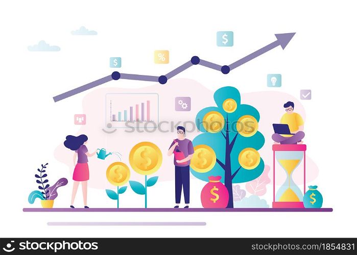 Group of successful investors or business people growths profit. Earnings on stock exchange, investments. Growing stock market, analysts are looking for ways to make money. Flat vector illustration. Group of successful investors or business people growths profit. Earnings on stock exchange, investments. Growing stock market,