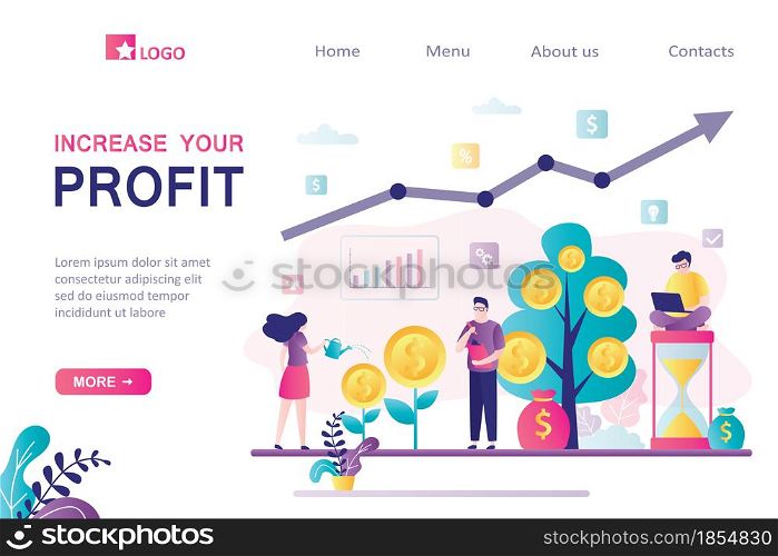 Group of successful investors or business people increase profit, landing page template. Earnings on stock exchange, investments. Growing stock market, analysts make money. Flat vector illustration. Group of successful investors or business people increase profit, landing page template. Earnings on stock exchange, investments.