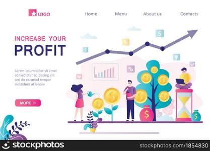Group of successful investors or business people increase profit, landing page template. Earnings on stock exchange, investments. Growing stock market, analysts make money. Flat vector illustration. Group of successful investors or business people increase profit, landing page template. Earnings on stock exchange, investments.