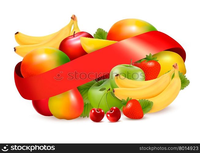 Group of summer and tropical fruit with ribbon. Vector