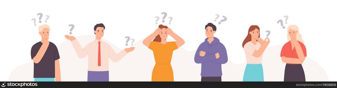 Group of thinking, indecisive and confused flat people with questions. Smart characters team solve problem, trouble or puzzle vector concept. Woman and man having alternative choice