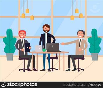 Group of three businessmen discussing strategy and setting corporate goals. Office meeting and collaboration between male colleagues, teamwork vector. Modern office with big windows. Group of Businessmen Discussing Strategy Vector