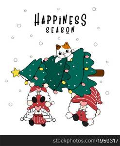 Group of Three Gnome carrying pine Christmas tree and cat, happiness season, merry Christmas and Happy New Year, cartoon hand drawn flat doodle