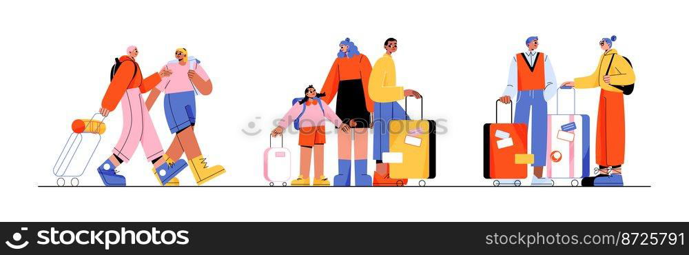 Group of tourists walk and carry suitcases or backpacks. Young couples travelers in voyage, family with child on summer vacation isolated on white background, Linear flat vector illustration. Group of tourists walk and carry suitcases, vector