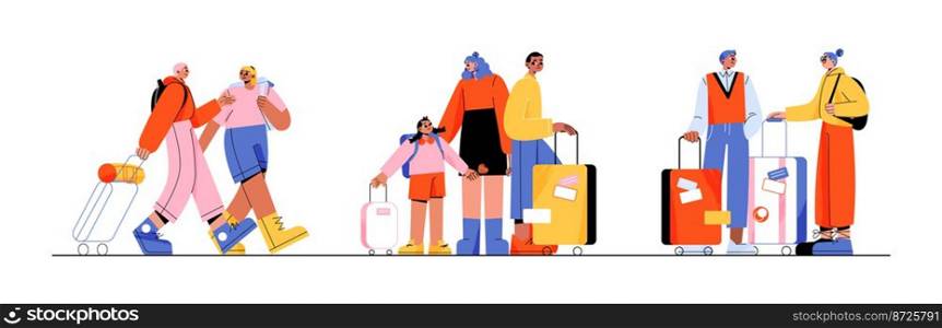 Group of tourists walk and carry suitcases or backpacks. Young couples travelers in voyage, family with child on summer vacation isolated on white background, Linear flat vector illustration. Group of tourists walk and carry suitcases, vector