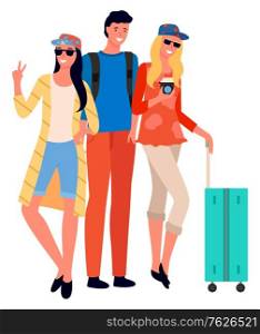 Group of tourists with luggage. Company of friends going on vacation together. Young travelers with suitcases on wheels and rucksack vector illustration. Flat cartoon. Friends Company Going on Vacation Together Vector