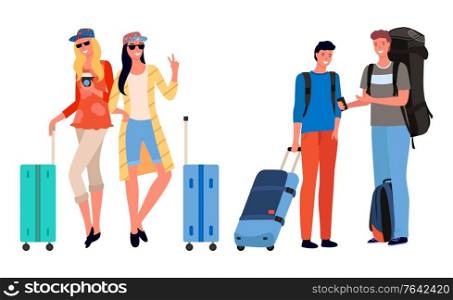 Group of tourists with luggage. Company of friends going on vacation together. Young travelers with suitcases on wheels and rucksack vector illustration. Friends Company Going on Vacation Together Vector