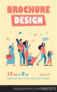 Group of tourists with suitcases and bags standing in airport. Families, elderly couples travelling with luggage. Vector illustration for trip, journey, travel, vacation concept