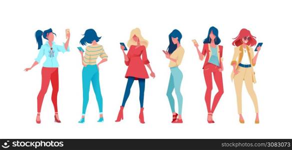Group of trendy and business people are standing with phone in their hand. Flat vector illustration. Set of fashion people on an isolated background