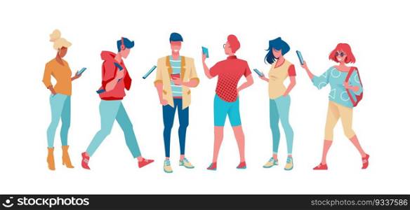 Group of trendy and business people are standing with phone in their hand. Flat vector illustration. Set of fashion people on an isolated background
