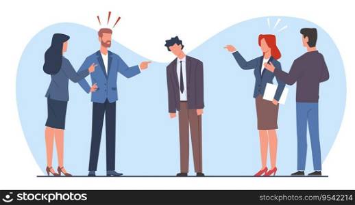 Group of violent people bullying and accusing man of being coworker. Employees point fingers and laugh, emotional stress on work, aggressor and victim cartoon flat style illustration. Vector concept. Group of violent people bullying and accusing man of being coworker. Employees point fingers and laugh, emotional stress on work, aggressor and victim cartoon flat style vector concept