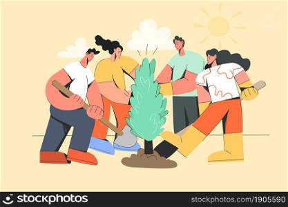Group of volunteers work together plant tree, save environment and planet. People involved in teamwork, strive for shared business success achievement. Eco friends concept. Flat vector illustration. . Group of people plant tree together