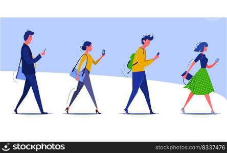 Group of walking people checking smartphones. Male and female cartoon characters going to work and texting. Vector illustration for banner, postcard, poster 