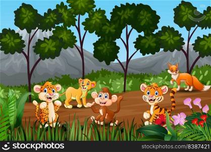 Group of wild animals gathering on the fringe of forest 